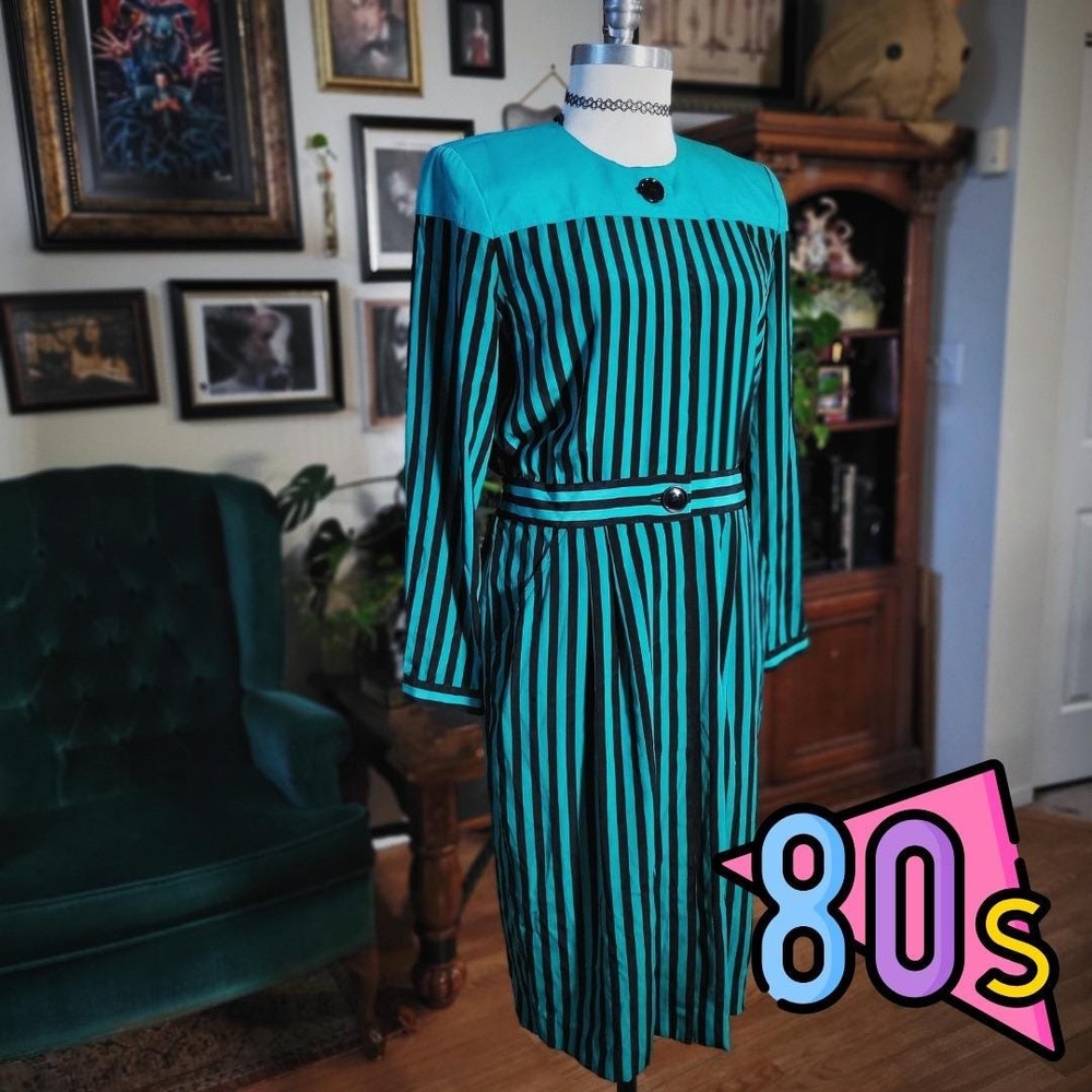 Leslie Fay Office Dress Vintage 80s Petite‎ Teal Black Stripe Long Sleeve Belted
